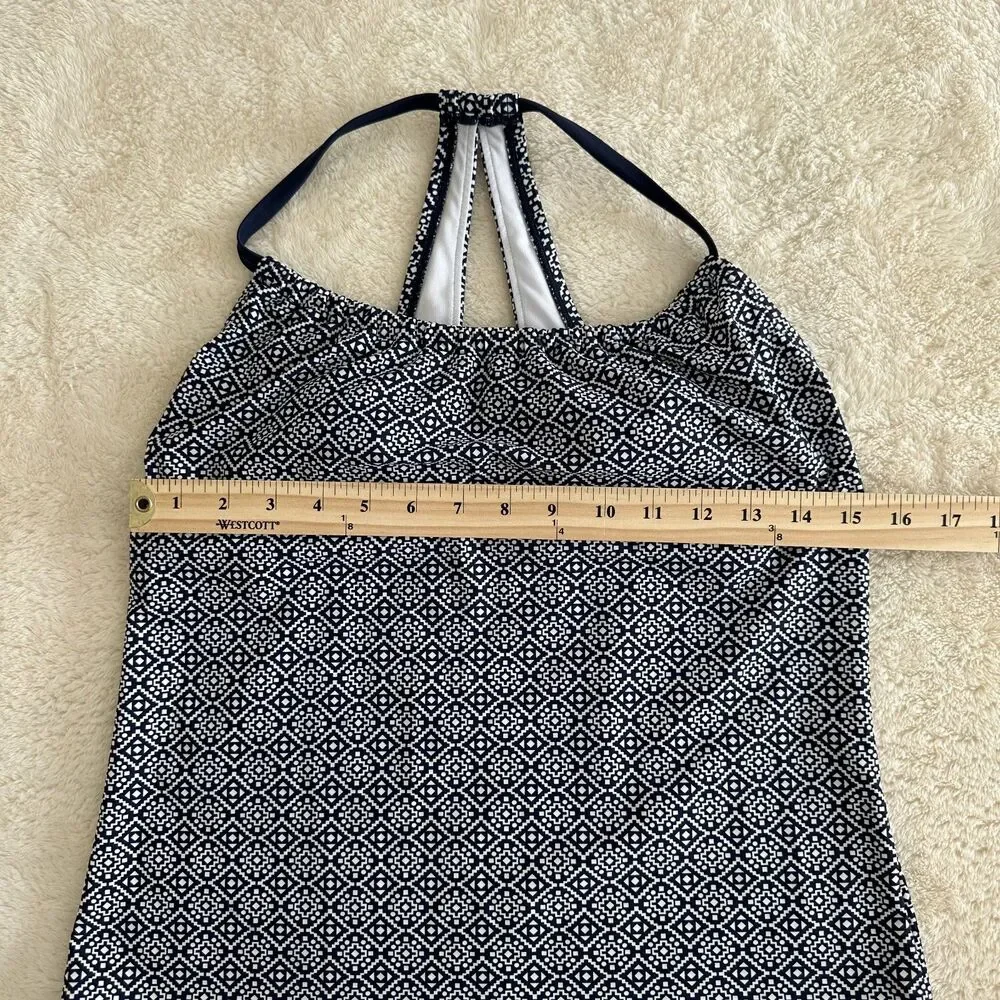 Kona Sol Tankini Swim Top Sz S Navy White Geometric Print Padded Halter Beach